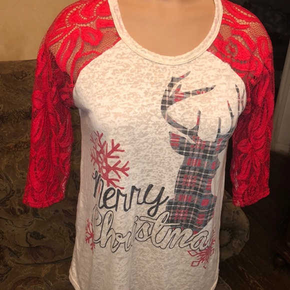 Merry Christmas burn out top lace sleeve reindeer S - Picture 2 of 5